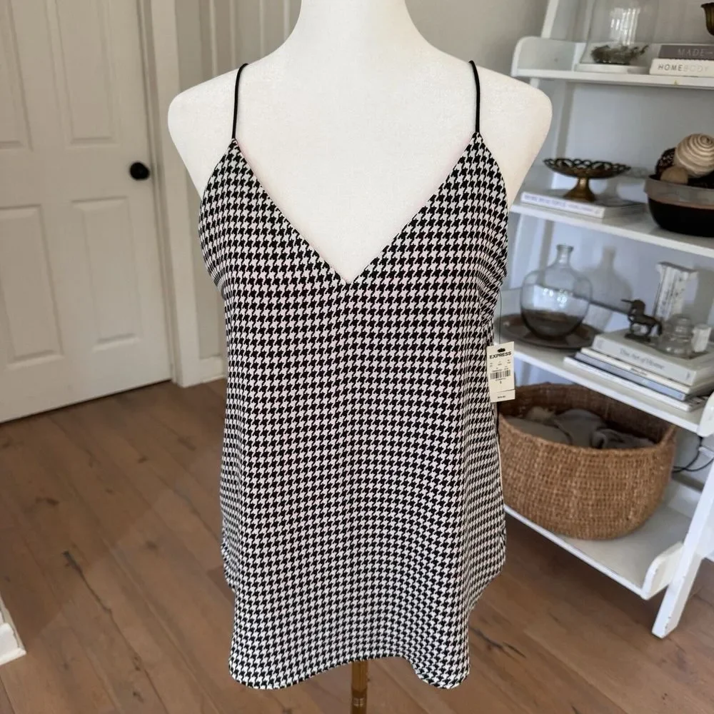 NEW $44 Express S Red Houndstooth Plaid Crepe Reversible Cami Tank‎ Xmas Dressy - Picture 8 of 8